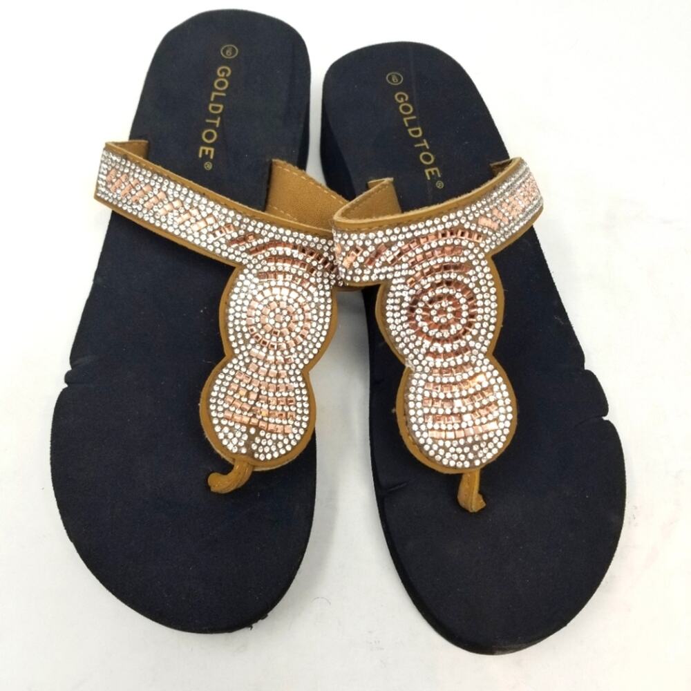 Gold Toe Black Brown Crystals Flip Flops Sandals Beautiful Crystals Women's Sz 9